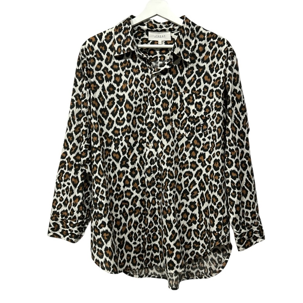 THE GREAT Heritage Leopard Post Top Button Front Sz 3/ L White Black Brown - Picture 3 of 12